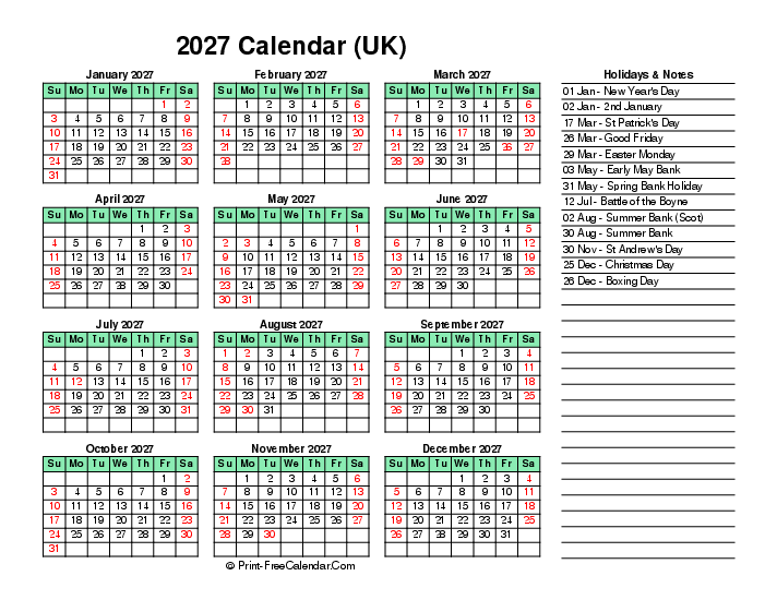 light green calendar 2027 with uk-bank holidays, week start on sunday, Landscape orientation