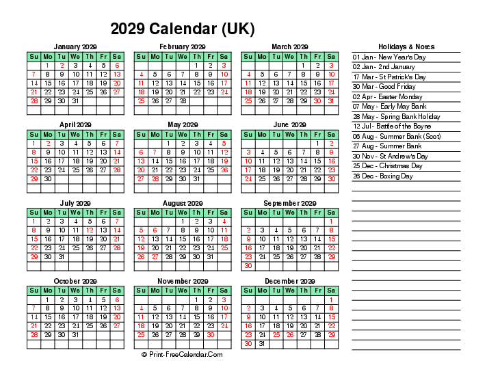 light green calendar 2029 with uk-bank holidays, week start on sunday, Landscape orientation