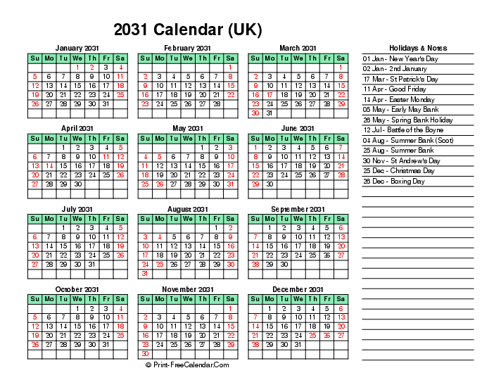 light green calendar 2031 with uk-bank holidays, week start on sunday, Landscape orientation