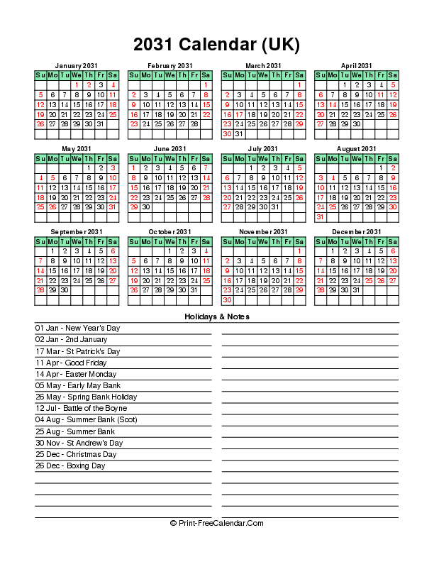 2031 United Kingdom Calendars with Holidays in PDF, WORD, EXCEL