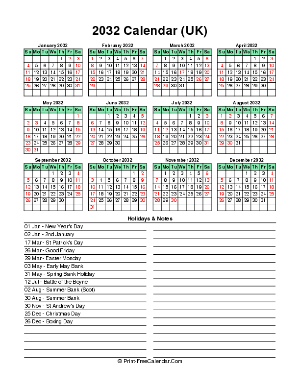 Light Green Calendar 2032 With Uk Bank Holidays Sunday Start, Portrait Layout