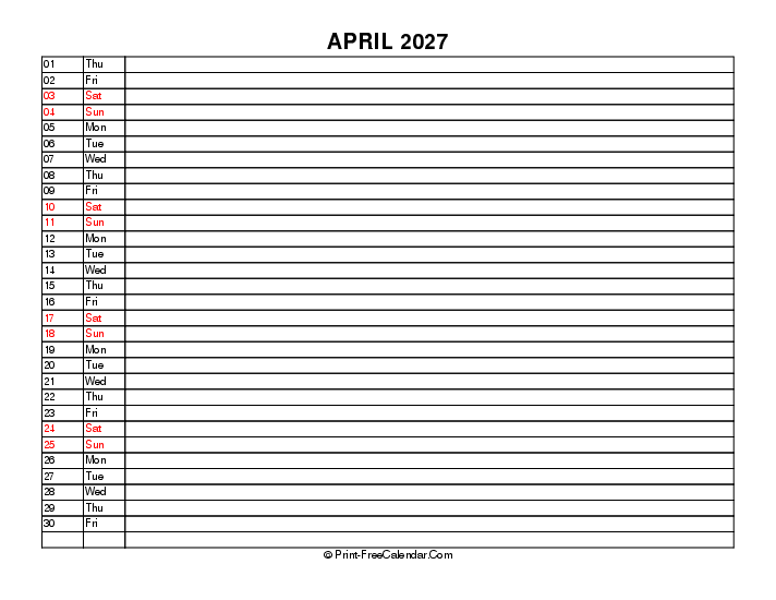liner april calendar 2027 with uk-bank holidays, week start on sunday, Landscape orientation