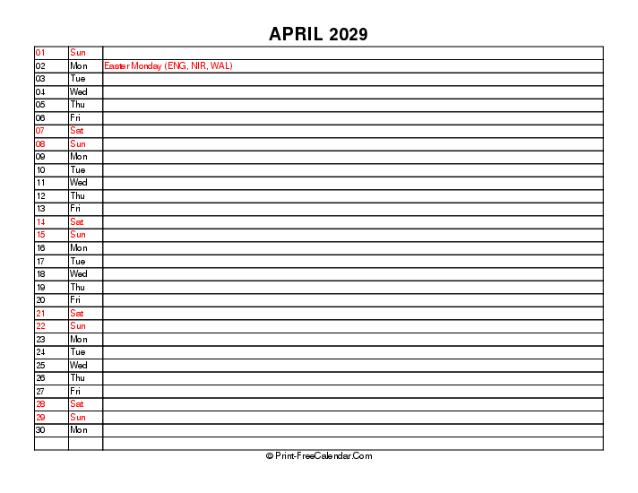 Liner April Calendar 2029 With Uk Bank Holidays Sunday Start, Landscape Layout
