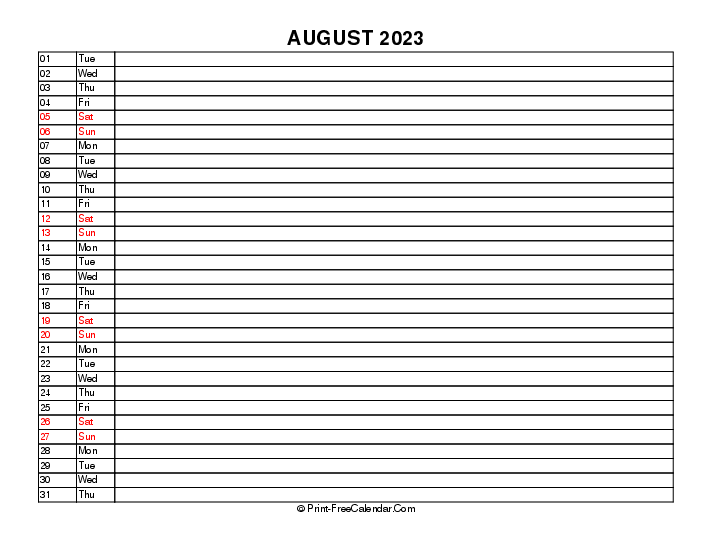 liner august calendar 2023