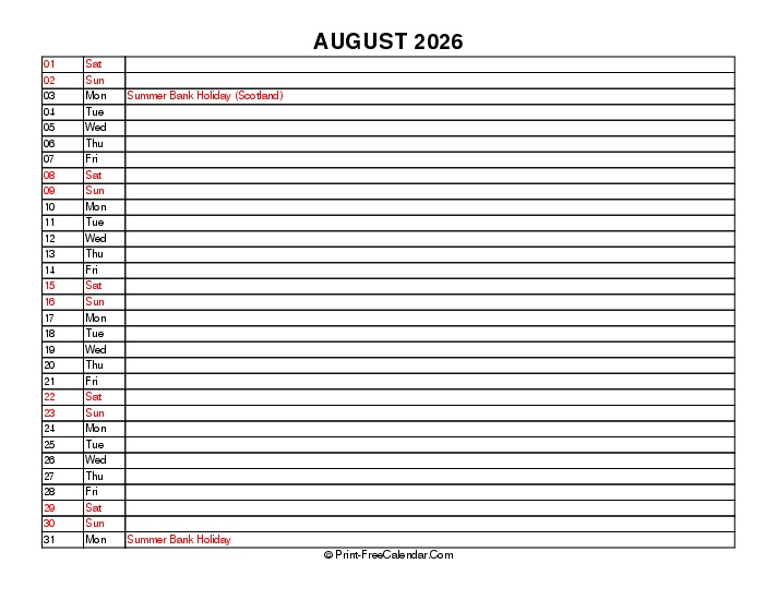 liner august calendar 2026 with uk-bank holidays, week start on sunday, Landscape orientation