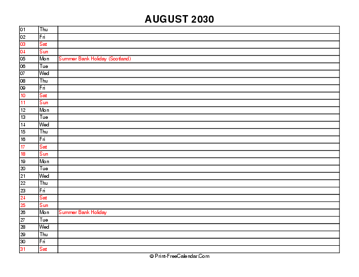 liner august calendar 2030 with uk-bank holidays, week start on sunday, Landscape orientation