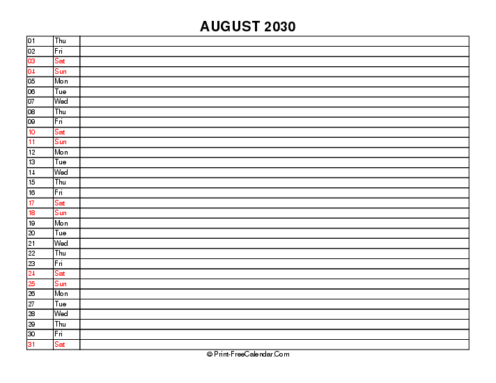 liner august calendar 2030 with usa holidays, week start on sunday, Landscape orientation