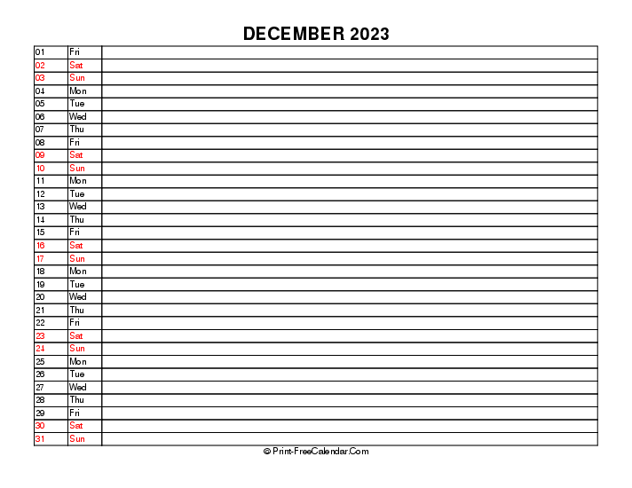 liner december calendar 2023 sunday start landscape