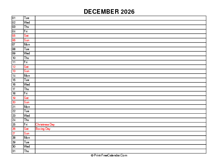 Liner December Calendar 2026 With Uk Bank Holidays Sunday Start, Landscape Layout