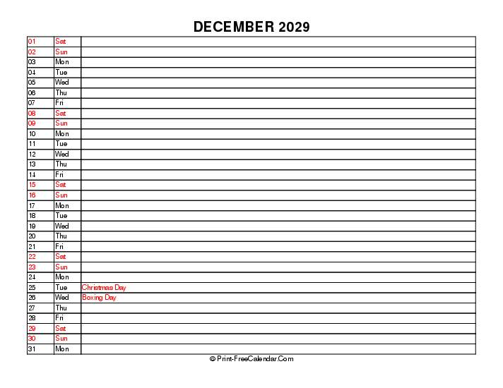 Liner December Calendar 2029 With Uk Bank Holidays Sunday Start, Landscape Layout