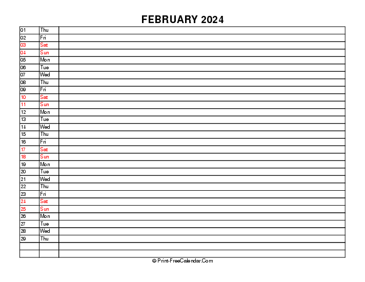 liner february calendar 2024