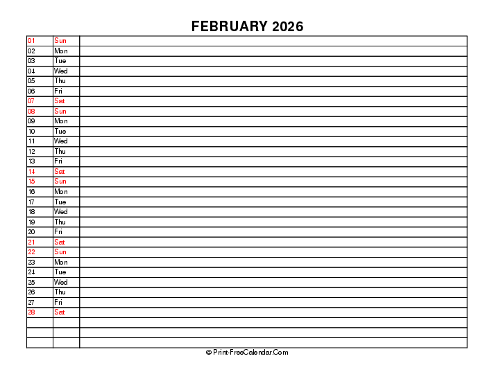 Liner February Calendar 2026 With Uk Bank Holidays Sunday Start, Landscape Layout