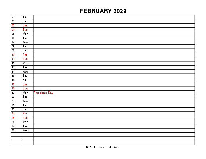 liner february calendar 2029 with usa holidays, week start on sunday, Landscape orientation