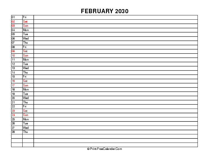 liner february calendar 2030 with uk-bank holidays, week start on sunday, Landscape orientation