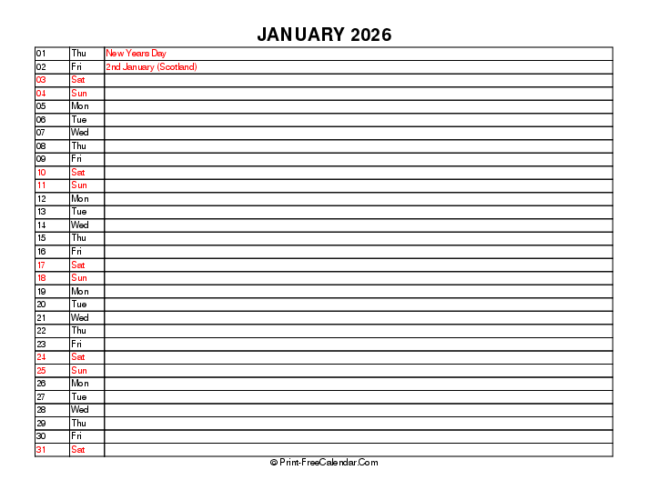 liner january calendar 2026 with uk-bank holidays, week start on sunday, Landscape orientation