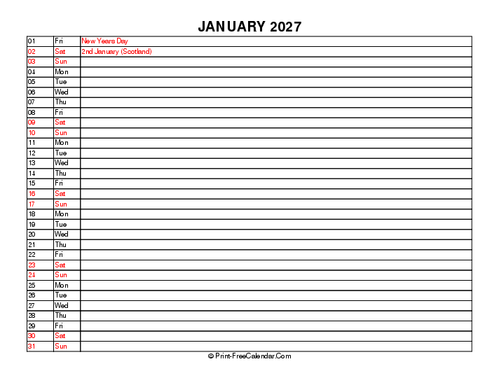 liner january calendar 2027 with uk-bank holidays, week start on sunday, Landscape orientation