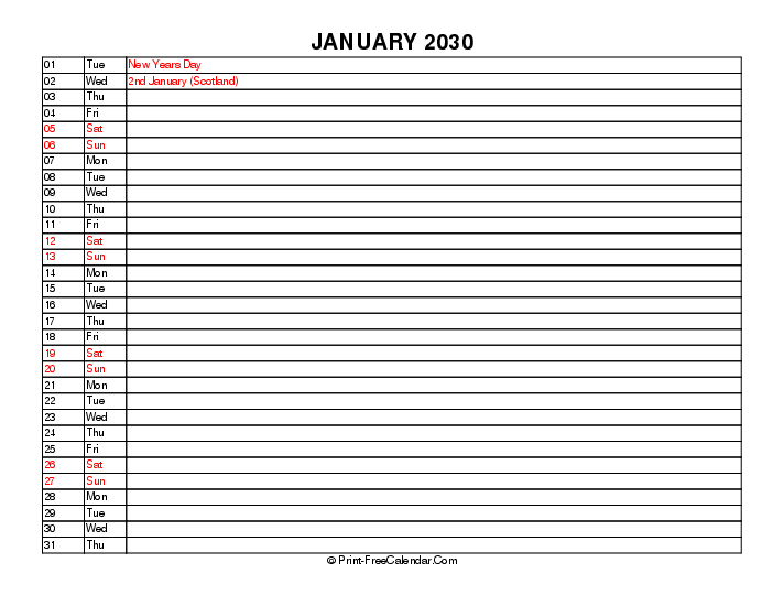 Liner January Calendar 2030 With Uk Bank Holidays Sunday Start, Landscape Layout
