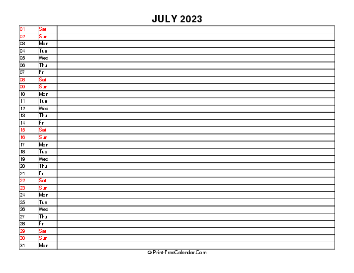 Liner July Calendar 2023 Sunday Start, Landscape Layout