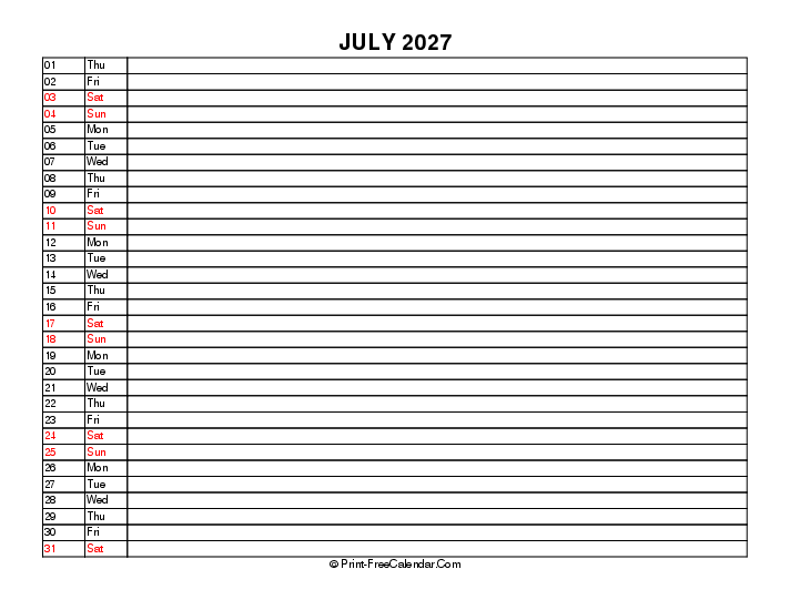liner july calendar 2027 sunday start landscape