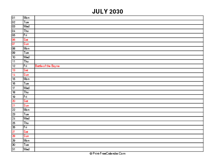 Liner July Calendar 2030 With Uk Bank Holidays Sunday Start, Landscape Layout