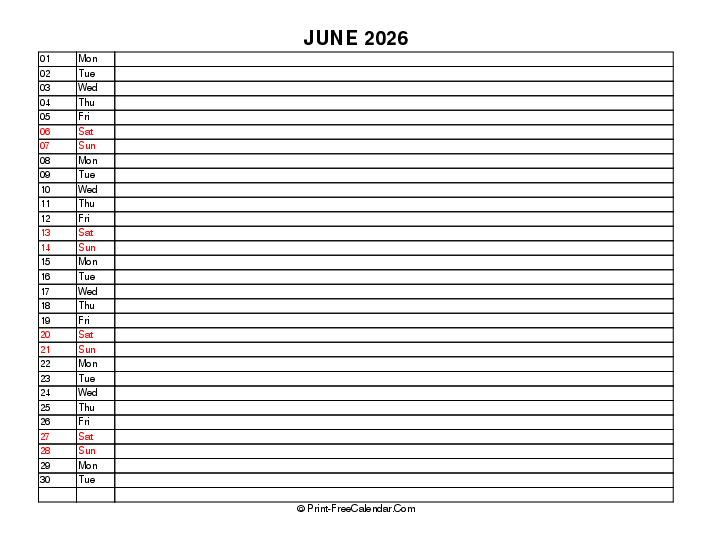 liner june calendar 2026 with uk-bank holidays, week start on sunday, Landscape orientation