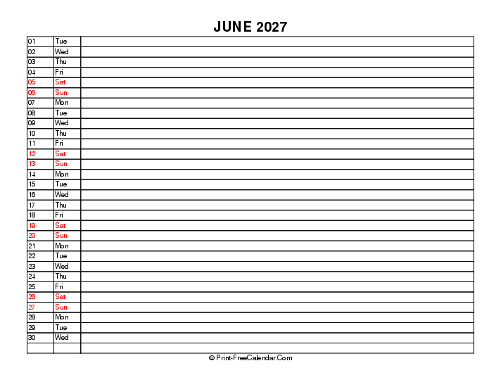 liner june calendar 2027 with usa holidays, week start on sunday, Landscape orientation