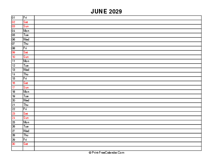 Liner June Calendar 2029 With Uk Bank Holidays Sunday Start, Landscape Layout
