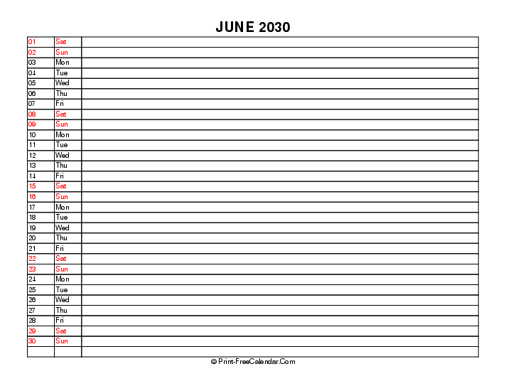 liner june calendar 2030 with usa holidays, week start on sunday, Landscape orientation