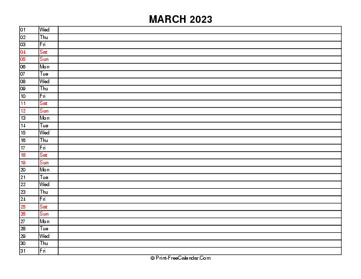 liner march calendar 2023 sunday start landscape