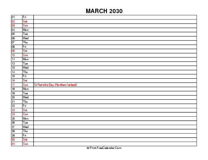 liner march calendar 2030 with uk-bank holidays, week start on sunday, Landscape orientation