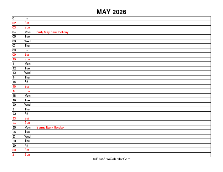 Liner May Calendar 2026 With Uk Bank Holidays Sunday Start, Landscape Layout