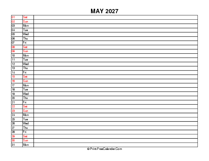 liner may calendar 2027