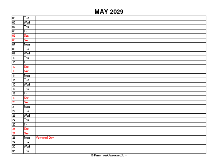 liner may calendar 2029 with usa holidays, week start on sunday, Landscape orientation
