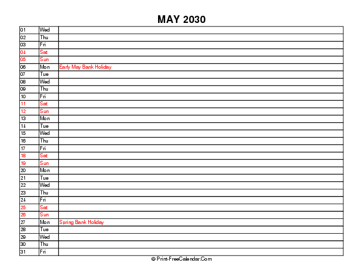 liner may calendar 2030 with uk-bank holidays, week start on sunday, Landscape orientation