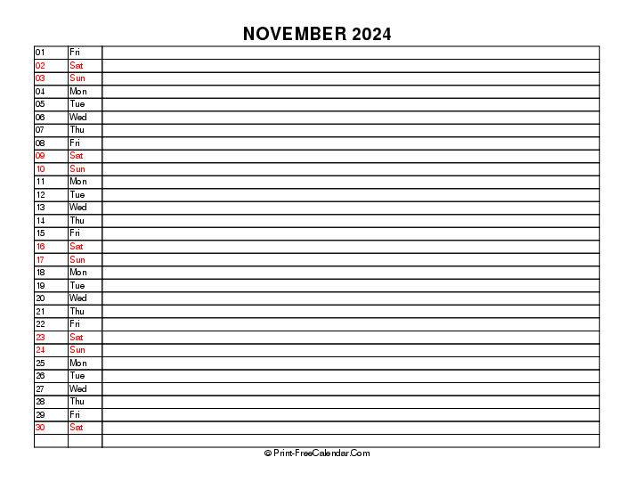 liner november calendar 2024