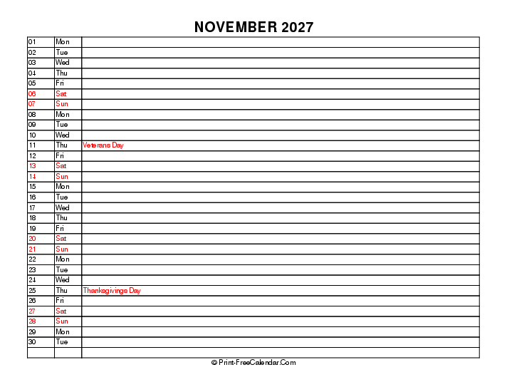 liner november calendar 2027 with usa holidays, week start on sunday, Landscape orientation