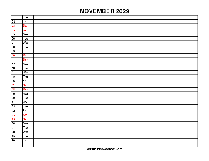 liner november calendar 2029