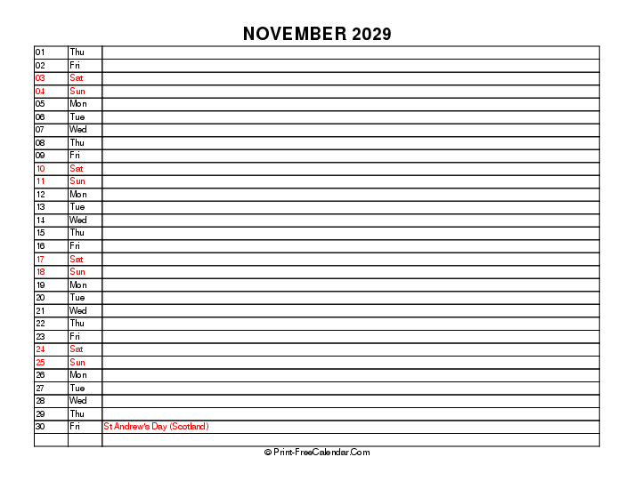 Liner November Calendar 2029 With Uk Bank Holidays Sunday Start, Landscape Layout