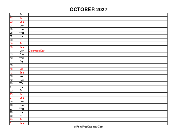 liner october calendar 2027 with usa holidays, week start on sunday, Landscape orientation