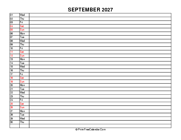 Liner September Calendar 2027 Sunday Start, Landscape Layout