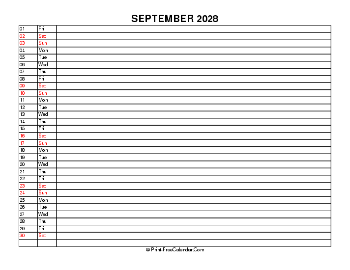 liner september calendar 2028