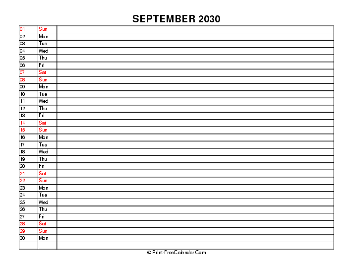 liner september calendar 2030