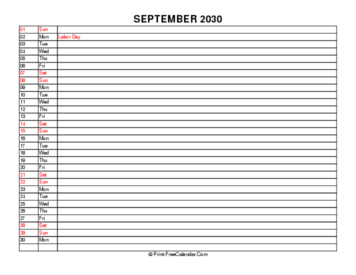 liner september calendar 2030 with usa holidays, week start on sunday, Landscape orientation