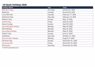2026 Uk Holidays 2026 Uk Calendar Printable In Word Pdf Excel 