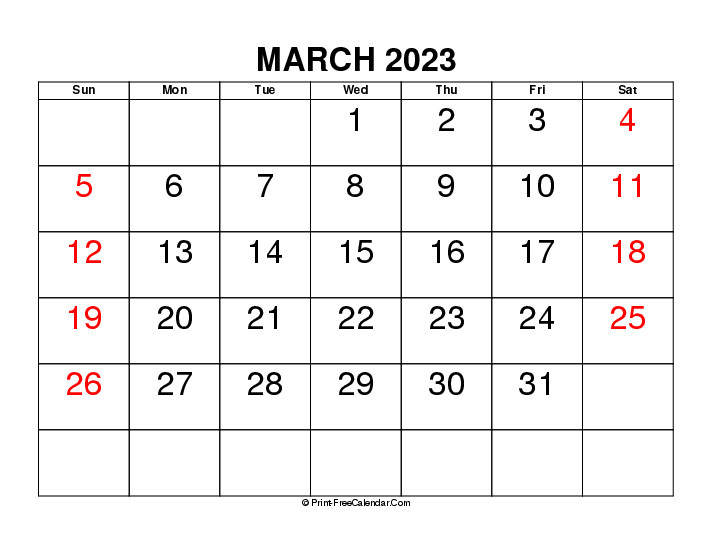 march 2023 calendar large font sunday start landscape