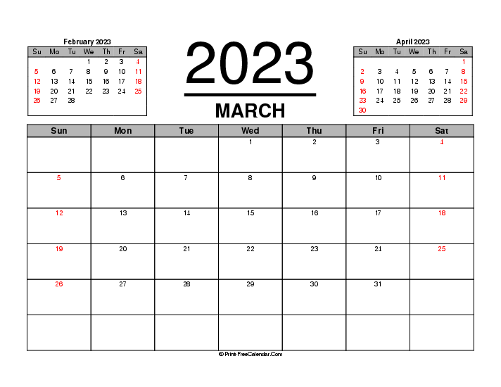 march 2023 calendar previous next month sunday start landscape