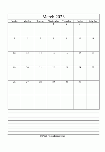 march 2023 calendar printable with notes vertical layout