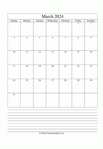 march 2024 calendar printable with notes vertical layout