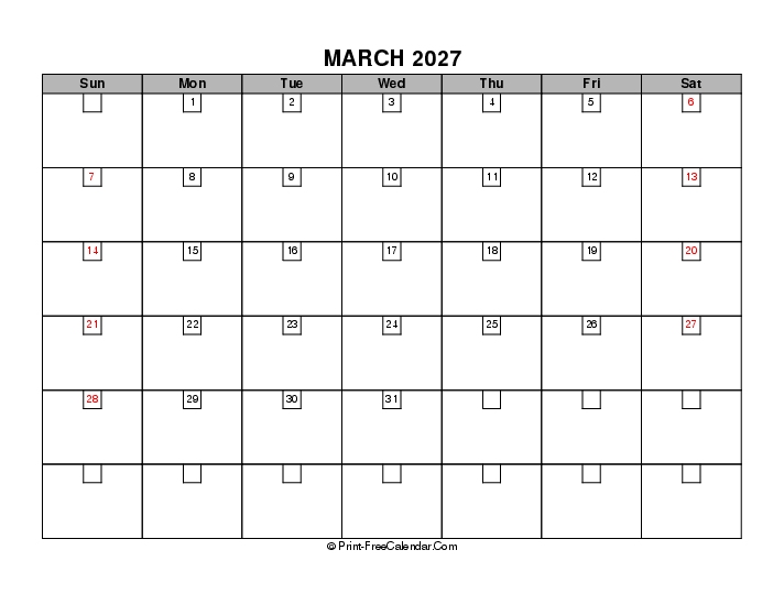 march 2027 boxy calendar with usa holidays, week start on sunday, Landscape orientation