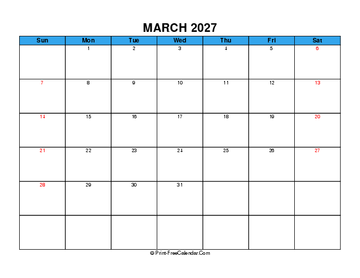 March 2027 Calendar With Usa Holidays Sunday Start, Landscape Layout